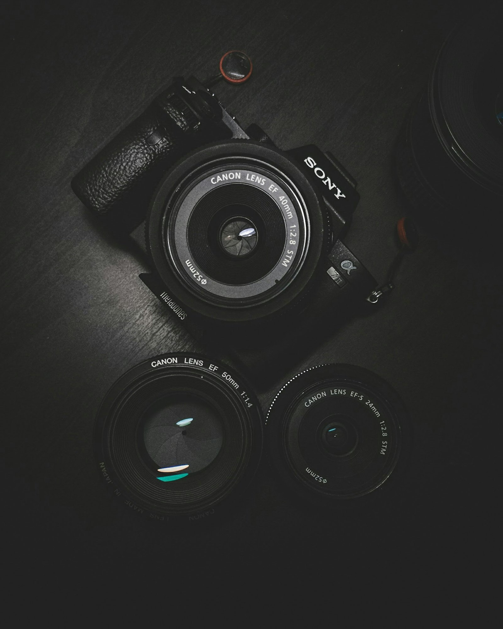 Camera bodies and lenses laid out for content and video production