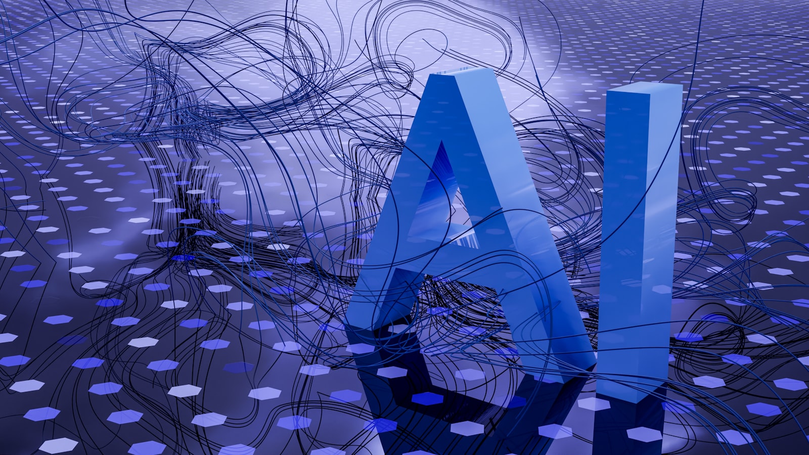 An abstract 3D rendering of the letters A and I on a network field