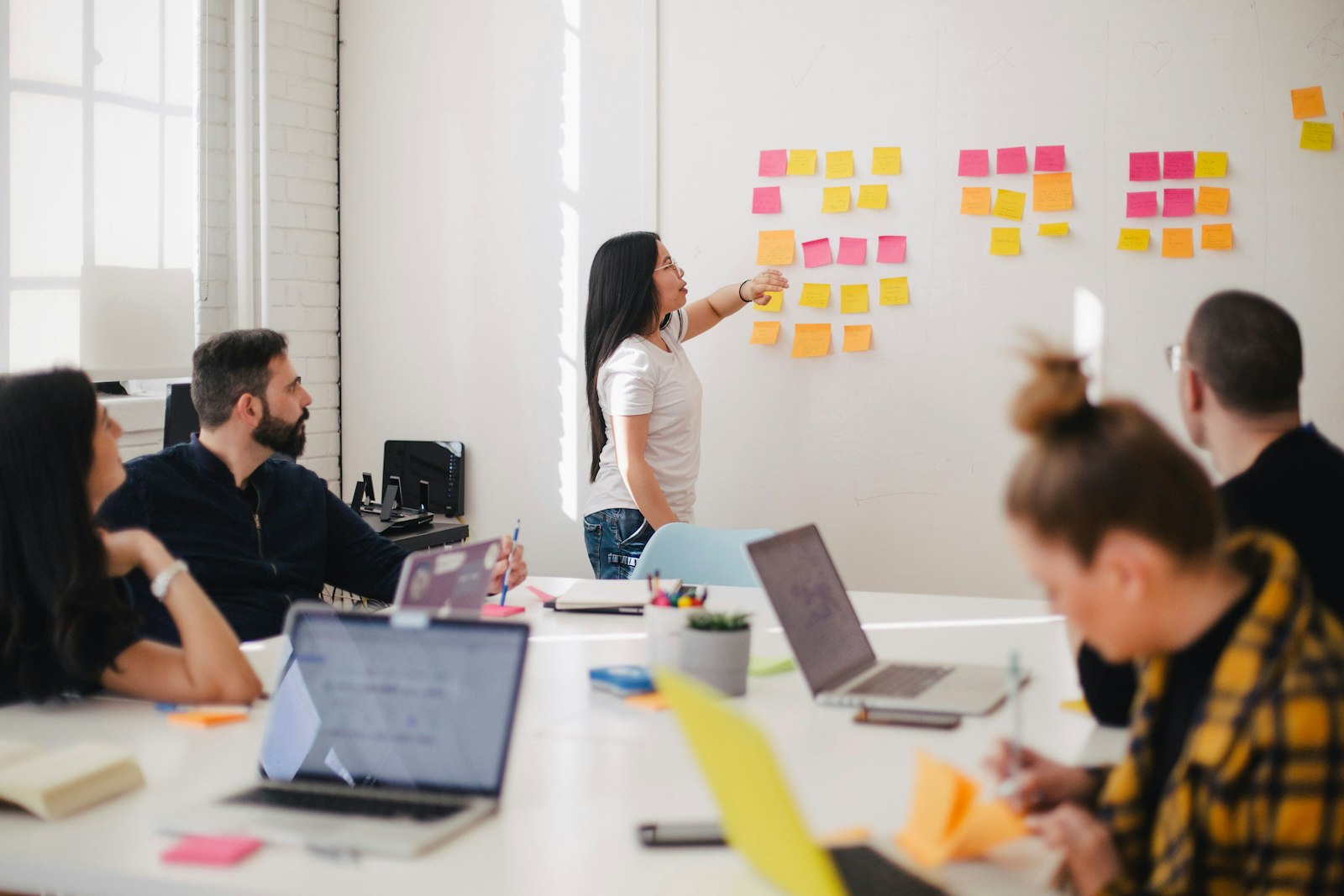 A team planning with colourful sticky notes on a wall